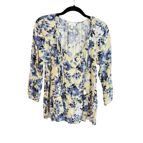 J Jill Women Petite Small Blouse Blue Cream Peasant Cottage Top Drop Waist Boho - Picture 1 of 5